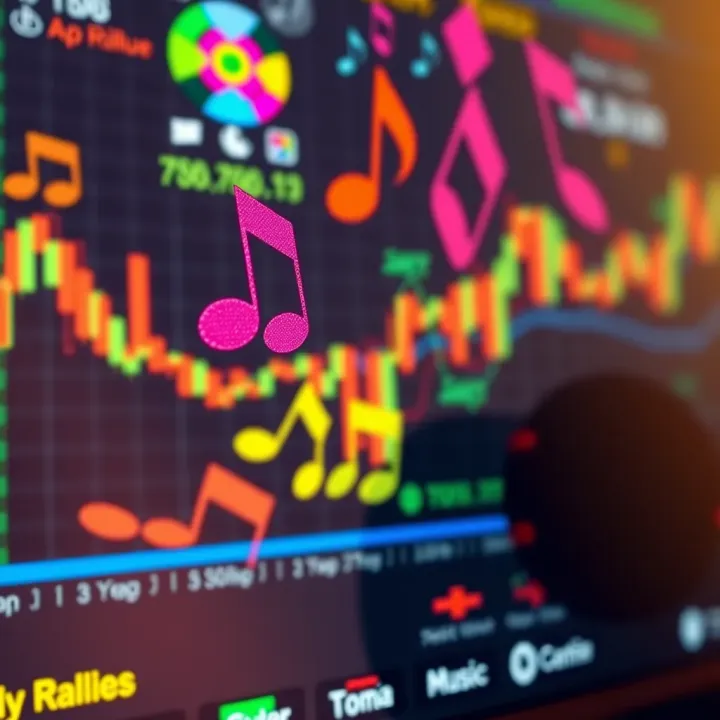 Colorful music notes floating over a digital interface representing daily song releases and social media engagement