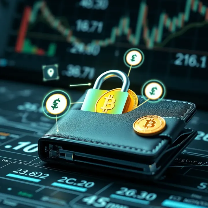 Illustration of a secure digital wallet protecting cryptocurrency assets with security icons and currency symbols