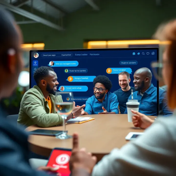 Illustration showing a vibrant online cryptocurrency community exchanging ideas in a chat group interface