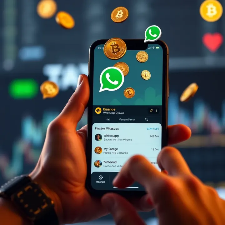Smartphone displaying a Binance WhatsApp group chat with cryptocurrency icons floating around