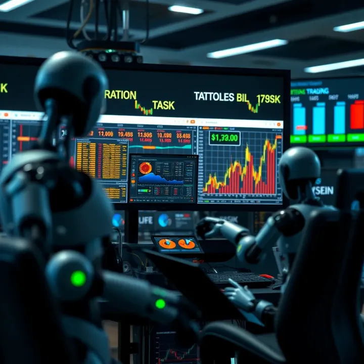 Diagram showing components of automated trading system with robots analyzing charts and executing trades