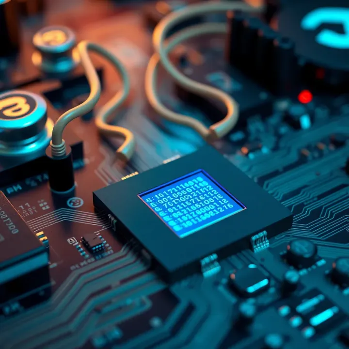 Conceptual illustration of binary code flowing through a computer chip with software and hardware elements