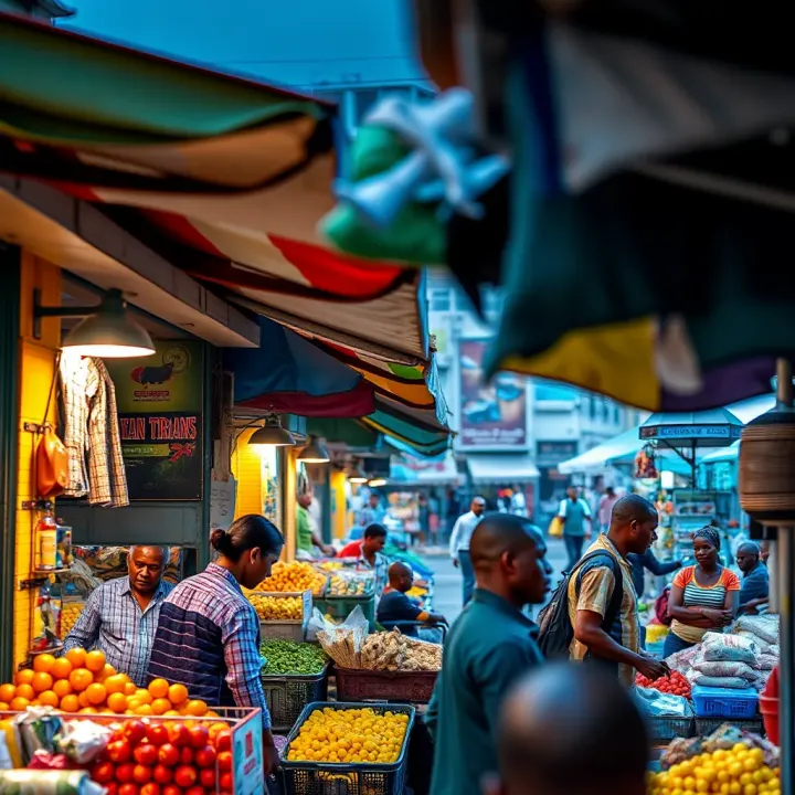 Colorful market stalls displaying various goods under bright canopies in a Nigerian open marketplace