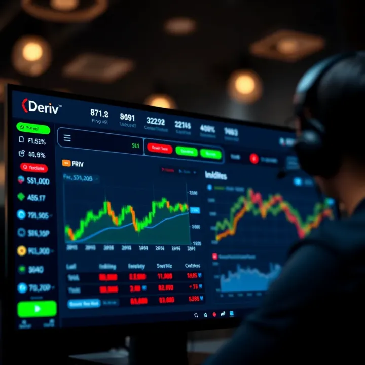 Dashboard view of a Deriv trading account showing forex, commodities, and indices options