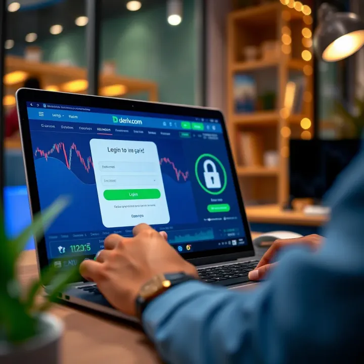 User logging into Deriv.com platform on a laptop showing secure login interface