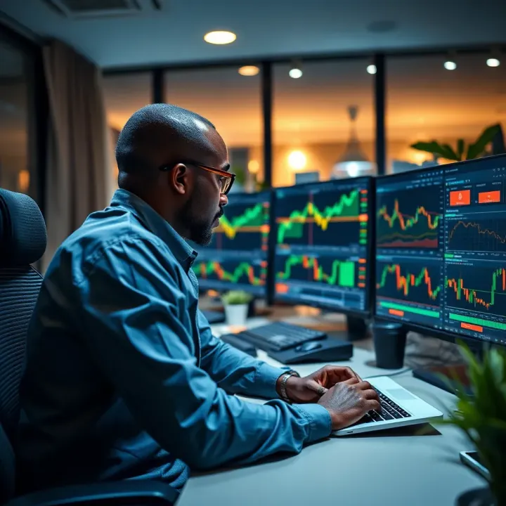 Nigerian trader analyzing stock charts on multiple screens in a modern home office environment