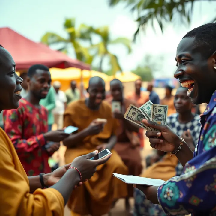 Group of Nigerians happily exchanging money during a communal savings meeting in a vibrant outdoor setting