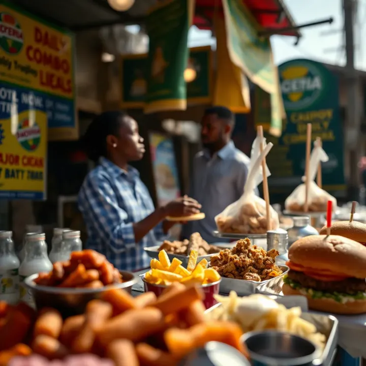 Popular Nigerian Street Stall Offering Major Daily Combo Meals Street-side food stall showcasing various major daily combo dishes under bright natural light