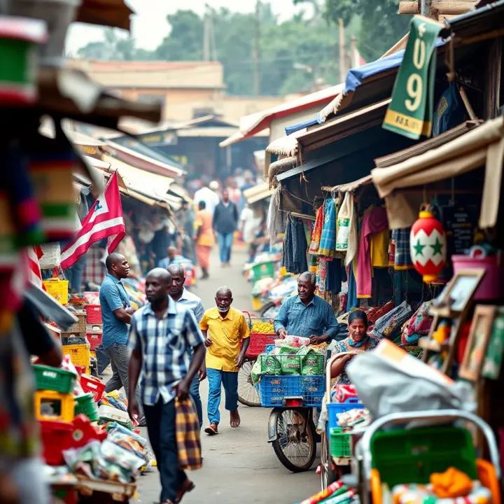 Dynamic Local Market Scene Representing Nigeria's Trade Sector Vibrant Nigerian local market showcasing diverse trade stalls and bustling activity