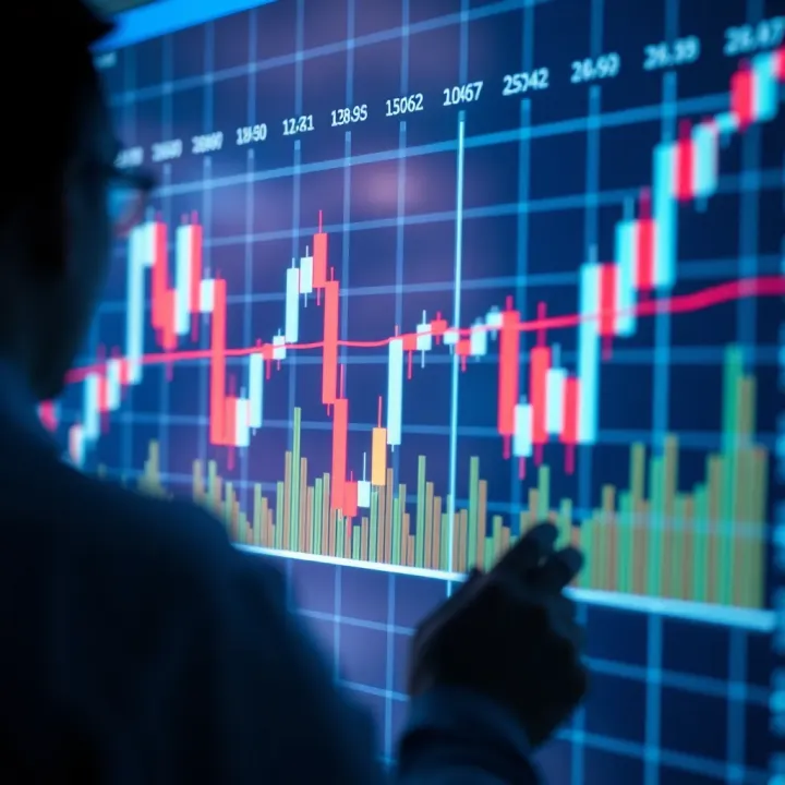 Graph displaying candlestick chart patterns with technical indicators overlay
