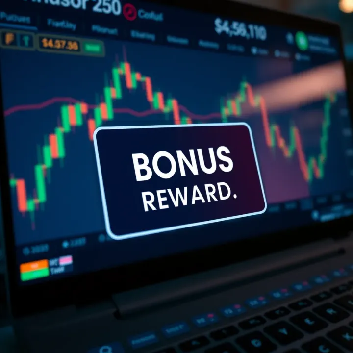 Illustration showing a digital bonus reward notification on a trading platform interface with currency symbols
