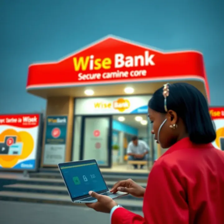 Graphic depicting secure online transactions and low fees with Wise Bank for personal and business use