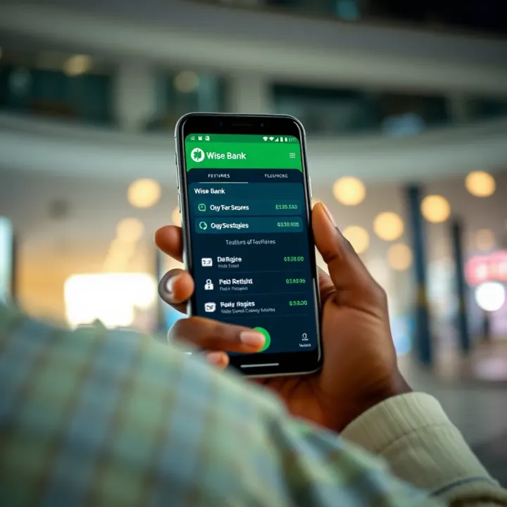 Illustration of digital banking interface showing Wise Bank features on a smartphone in Nigerian context