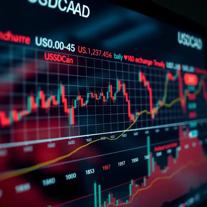 Graph displaying the exchange rate trends between the US dollar and Canadian dollar over time with economic indicators highlighted