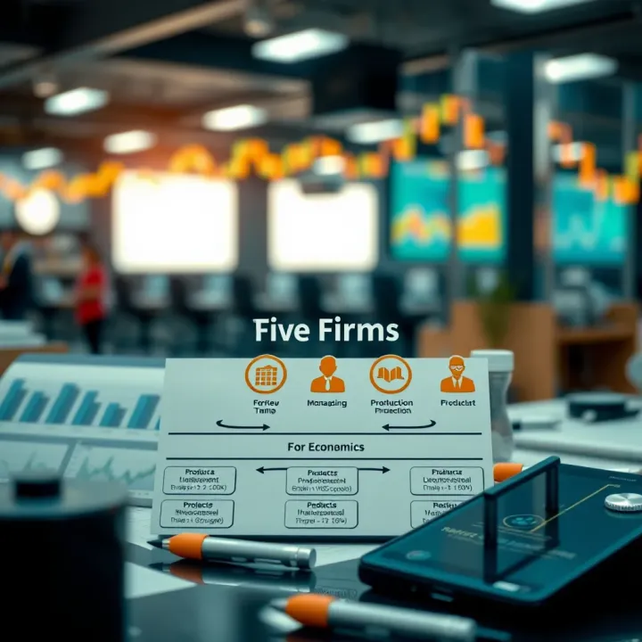 Diagram showing the structure and key components of a firm in economics including management, production, and market interaction