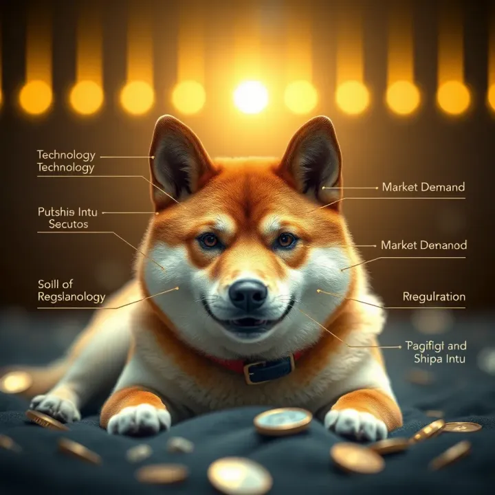 Illustration of factors influencing Shiba Inu coin value including technology, market demand, and regulatory environment